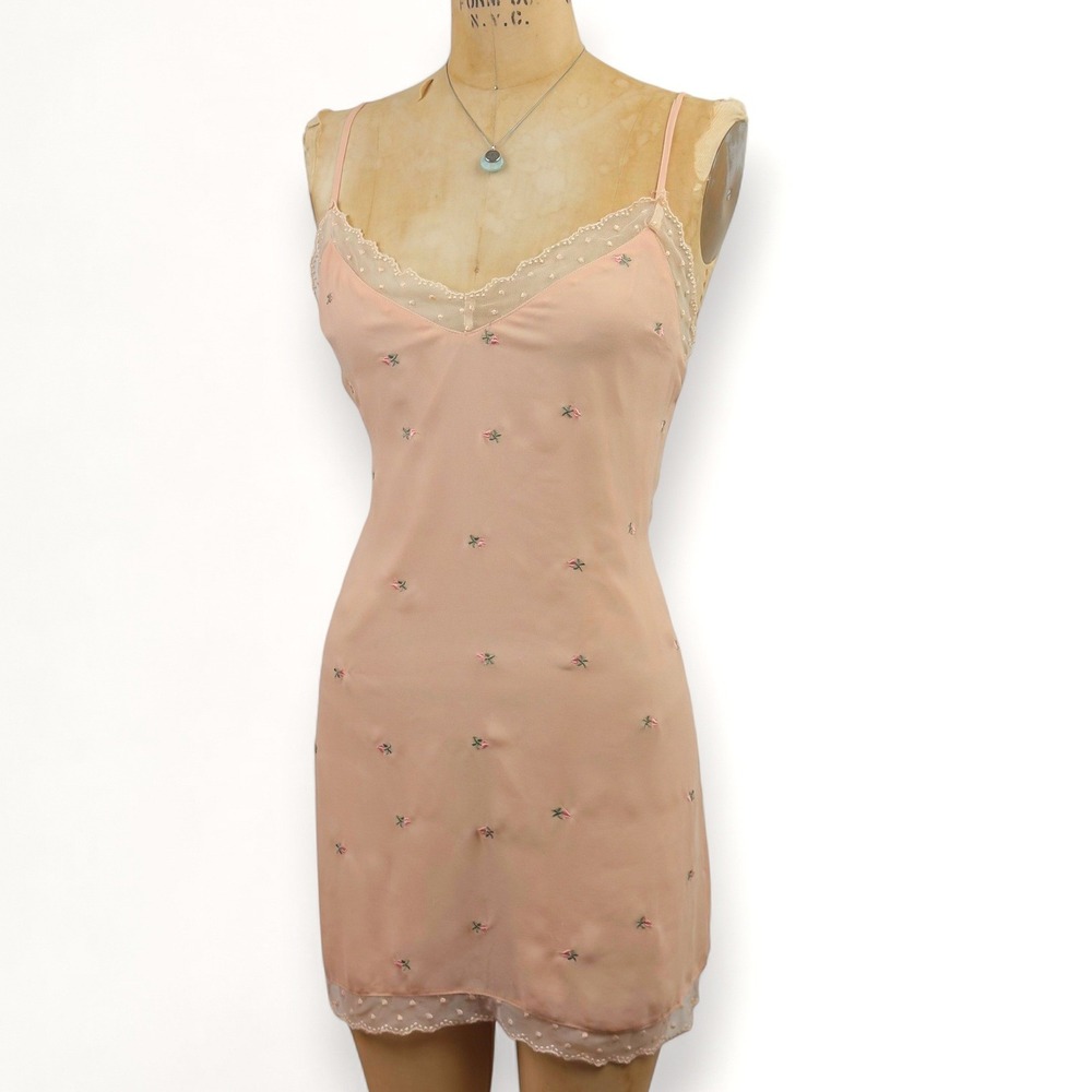 Y2K Womens M Mini Slip Dress Rose Embroidered Lace Trim Coquette Dainty Fairy